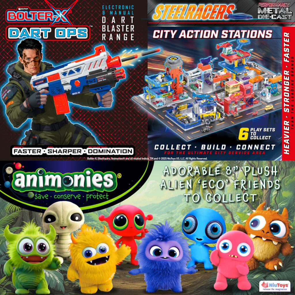 Marcas exclusivas de NiuToys para mayoristas: lanzadores Bolter-X, sets de ciudad SteelRacers y peluches ecológicos Animonies. Distribución de juguetes en México y USA.